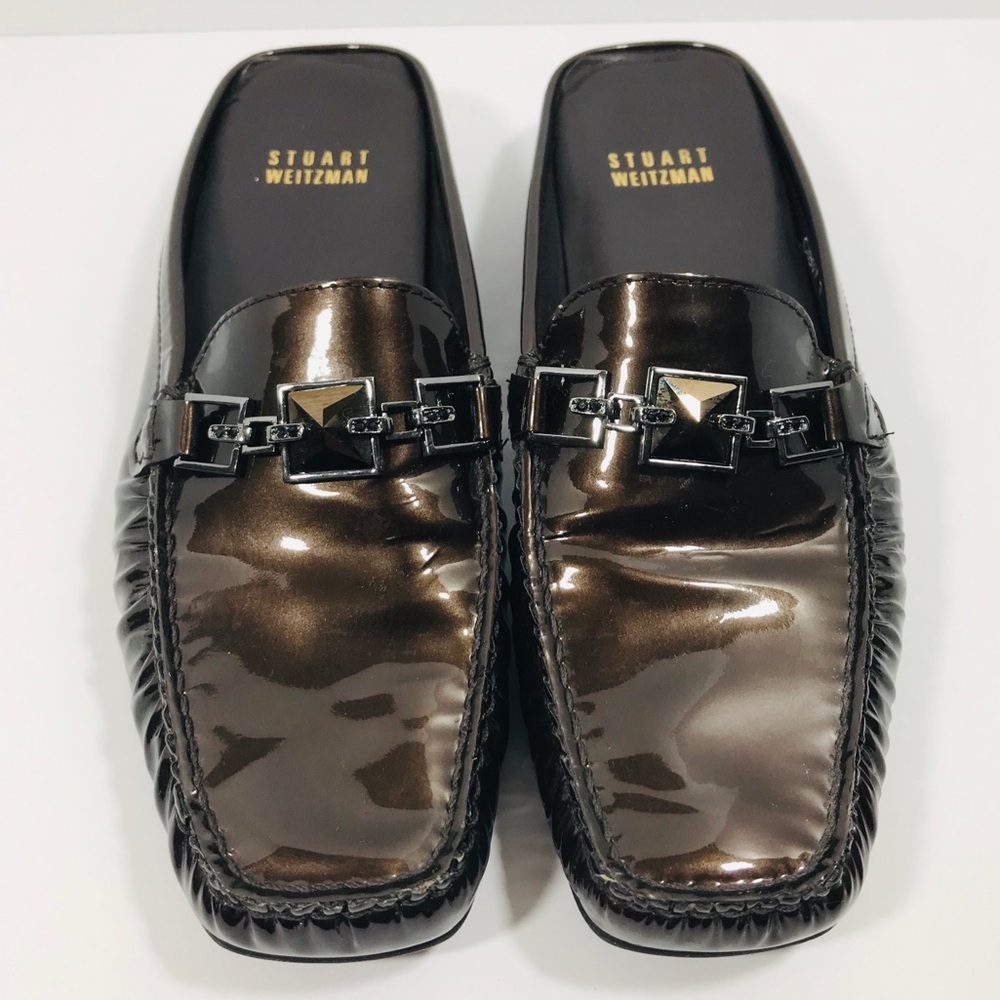 Stuart Weitzman Bronze Embellished Patent Mule Euc - image 2